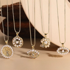 Wholesale Life Tree Demon Eye Zircon Pearl Pendant Copper Necklace