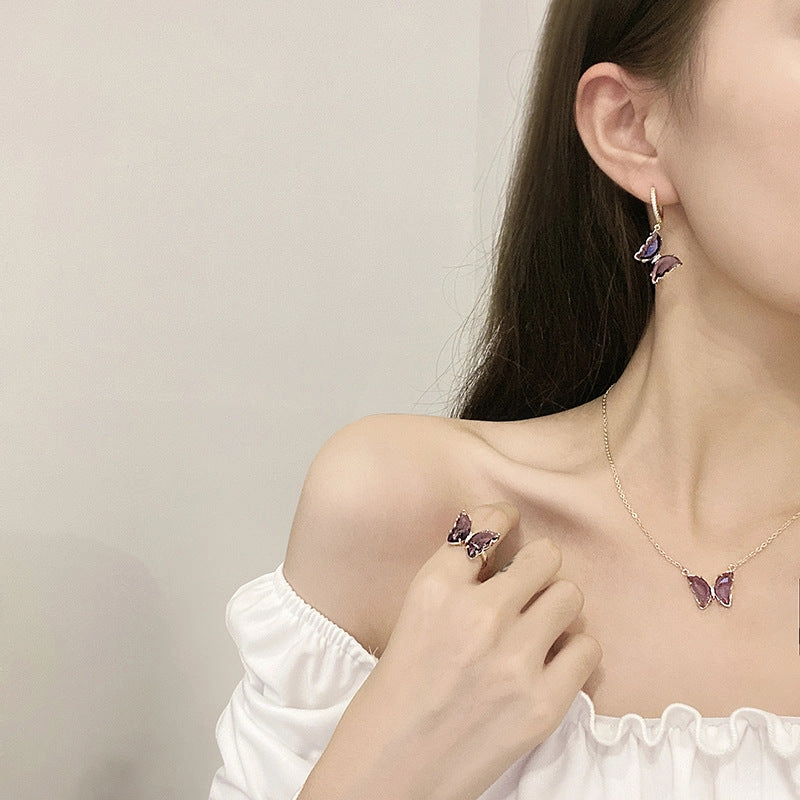 Wholesale Light Luxury Purple Butterfly Clavicle Necklaces Rings And Earrings