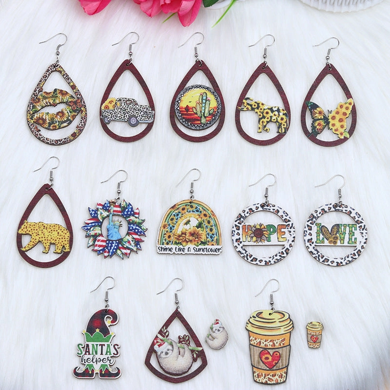 Wholesale Lips Car Butterfly Sloth Water Drop Shape Wood Earrings