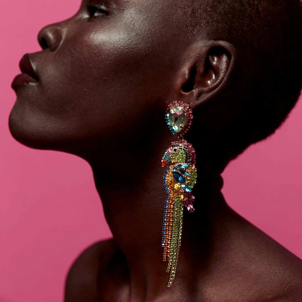 Wholesale Long Alloy Diamond Parrot Tassel Earrings