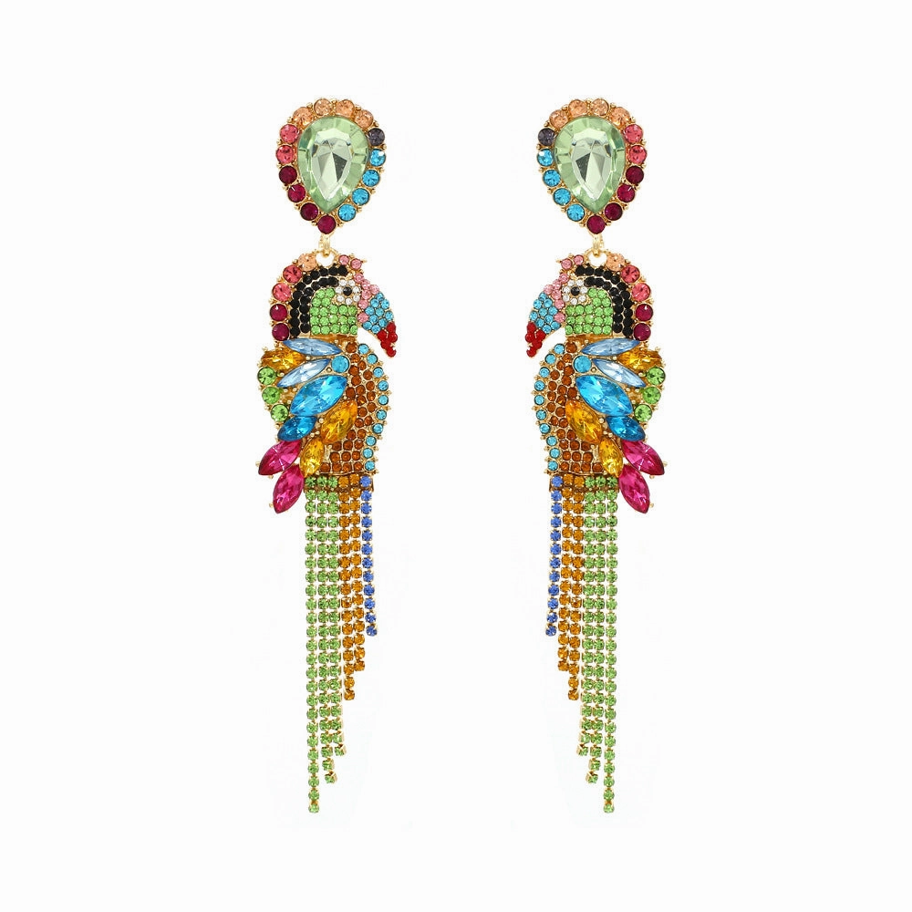 Wholesale Long Alloy Diamond Parrot Tassel Earrings