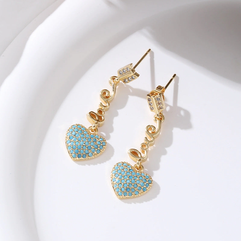Wholesale Long Heart 18K Gold Micro-paved Zircon Copper Earrings