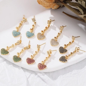 Wholesale Long Heart 18K Gold Micro-paved Zircon Copper Earrings
