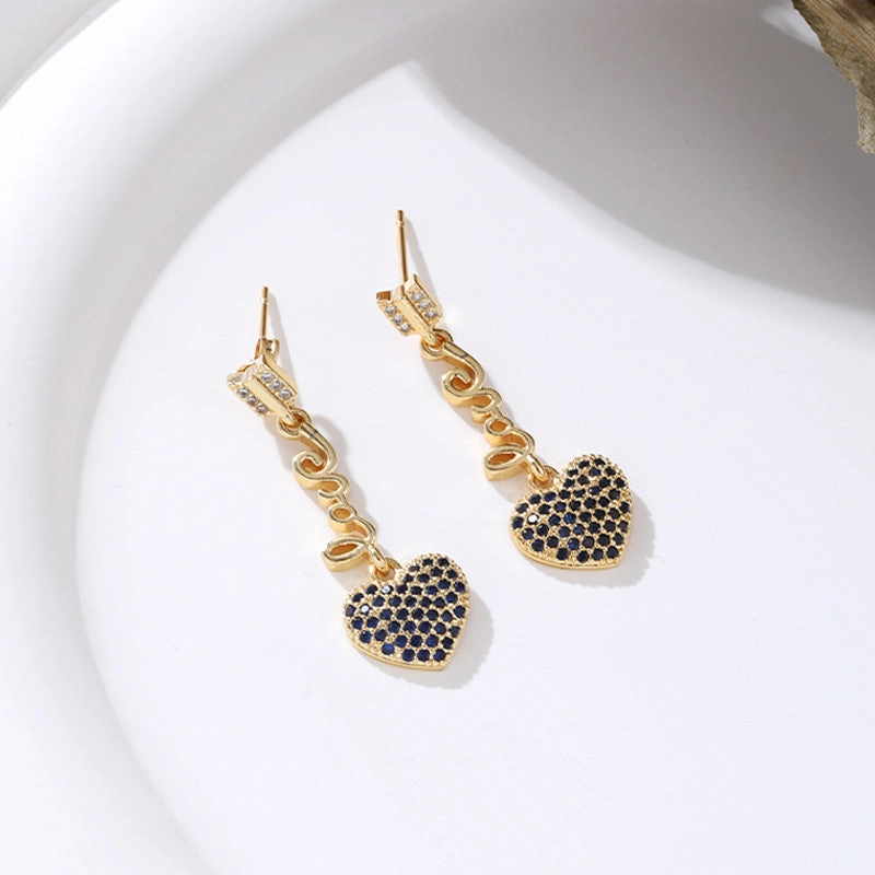 Wholesale Long Heart 18K Gold Micro-paved Zircon Copper Earrings