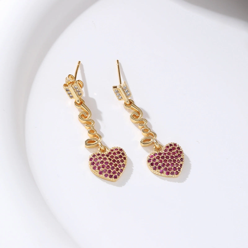 Wholesale Long Heart 18K Gold Micro-paved Zircon Copper Earrings