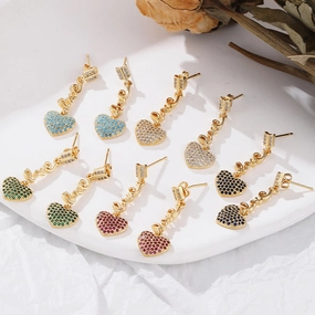 Wholesale Long Heart 18K Gold Micro-paved Zircon Copper Earrings