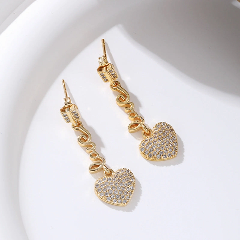 Wholesale Long Heart 18K Gold Micro-paved Zircon Copper Earrings