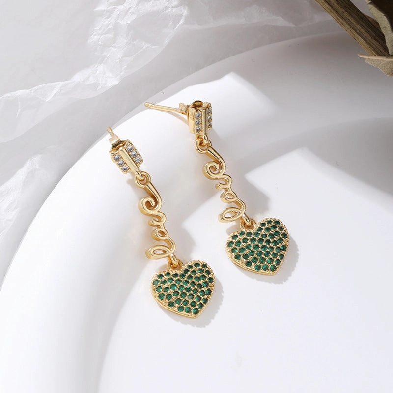 Wholesale Long Heart 18K Gold Micro-paved Zircon Copper Earrings