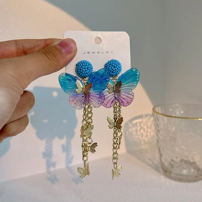 Wholesale Long Tassel Acrylic Butterfly Alloy Earrings