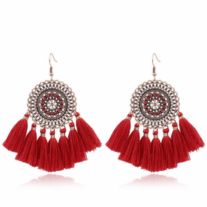 Wholesale Long Tassel Bead Mesh Metal Geometric Earrings