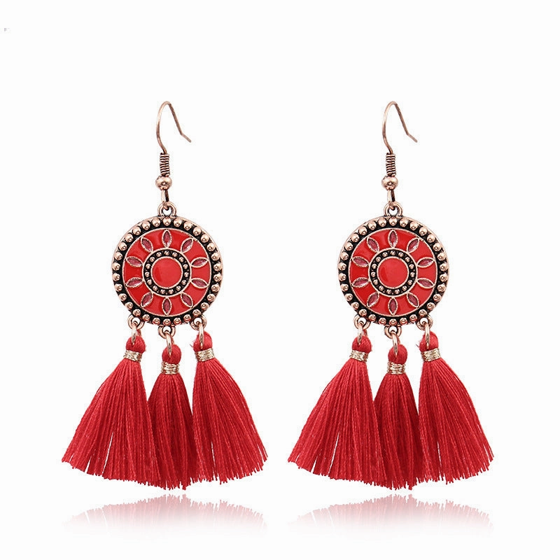 Wholesale Long Tassel Bead Mesh Metal Geometric Earrings