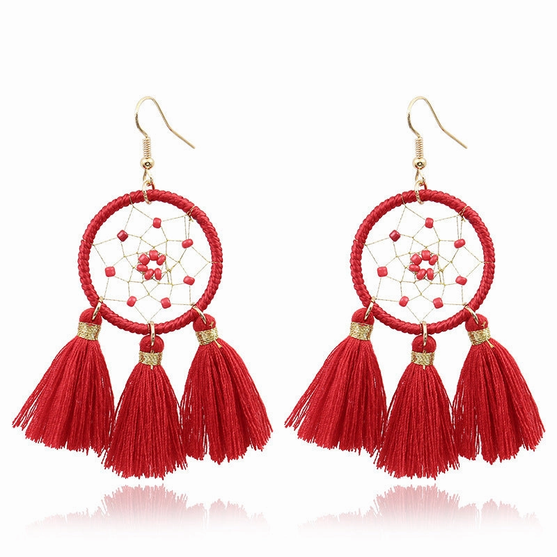 Wholesale Long Tassel Bead Mesh Metal Geometric Earrings