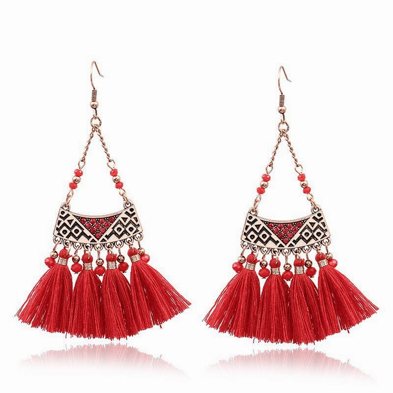 Wholesale Long Tassel Bead Mesh Metal Geometric Earrings