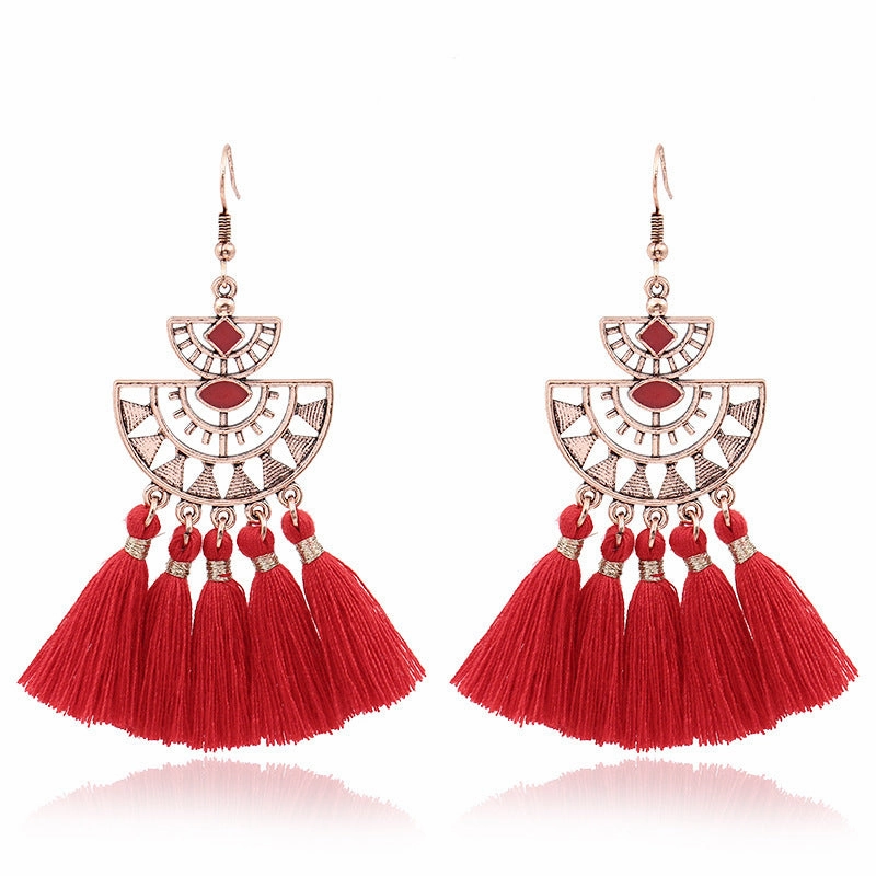 Wholesale Long Tassel Bead Mesh Metal Geometric Earrings
