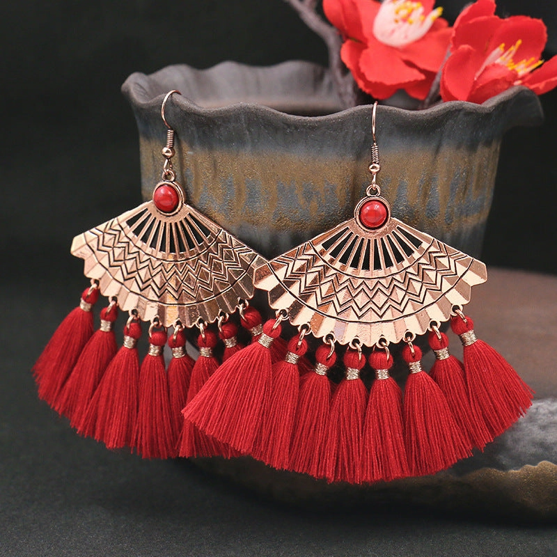 Wholesale Long Tassel Bead Mesh Metal Geometric Earrings
