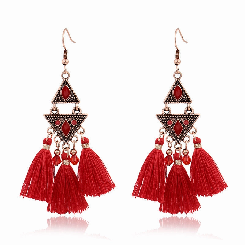 Wholesale Long Tassel Bead Mesh Metal Geometric Earrings