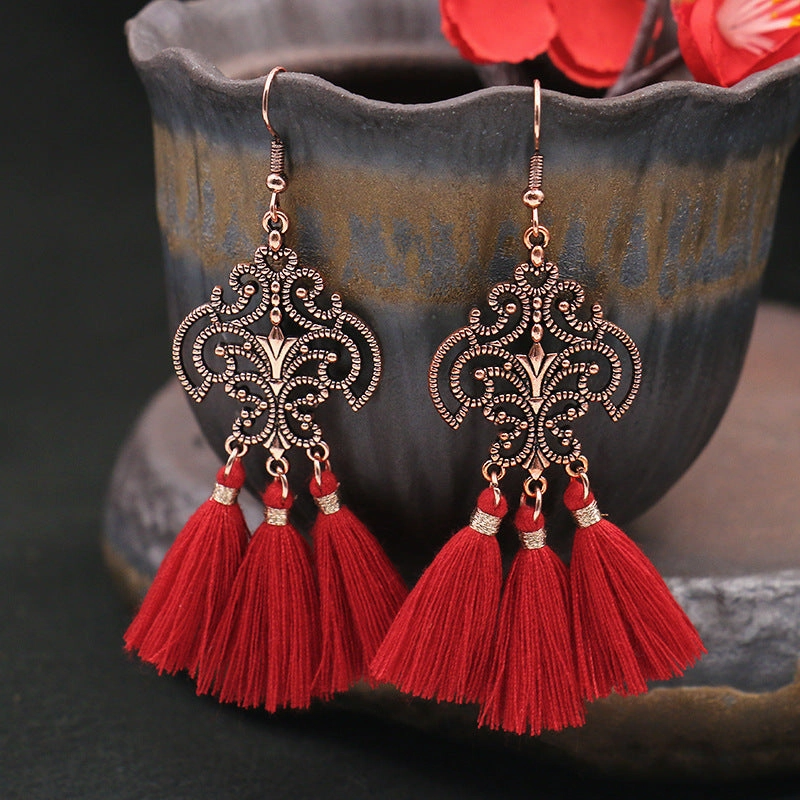 Wholesale Long Tassel Bead Mesh Metal Geometric Earrings