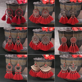 Wholesale Long Tassel Bead Mesh Metal Geometric Earrings