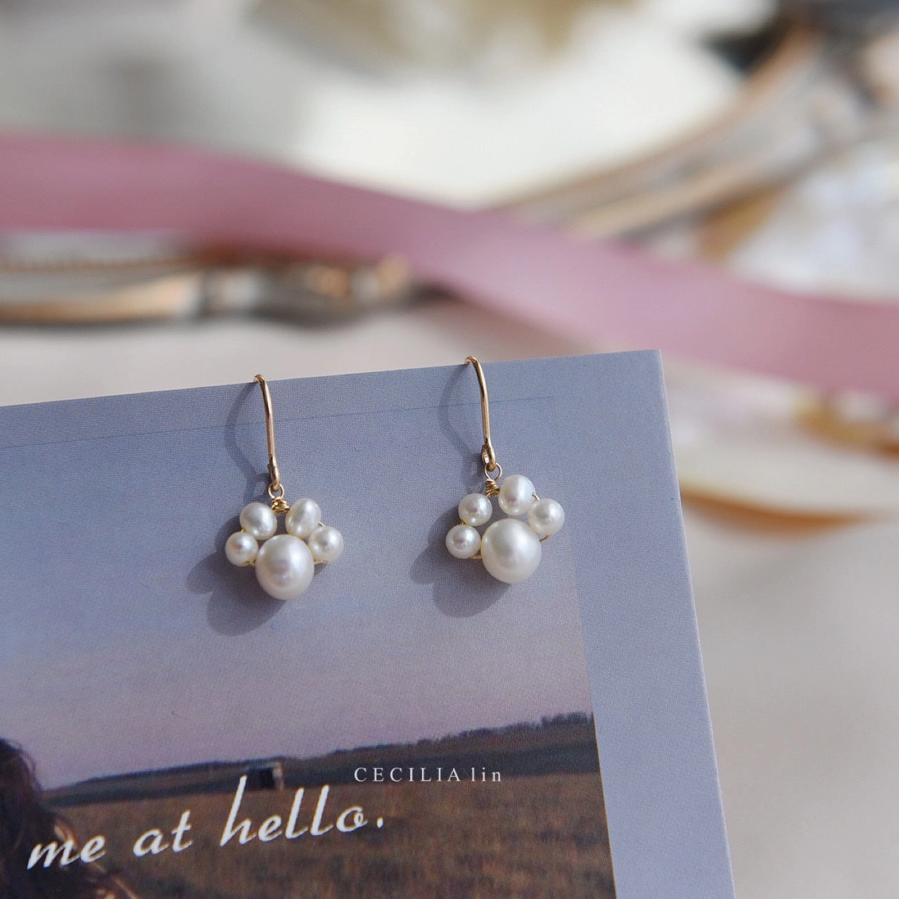 Wholesale Long Tassel Cat Claw 14k Gold Pearl Pendant Earrings