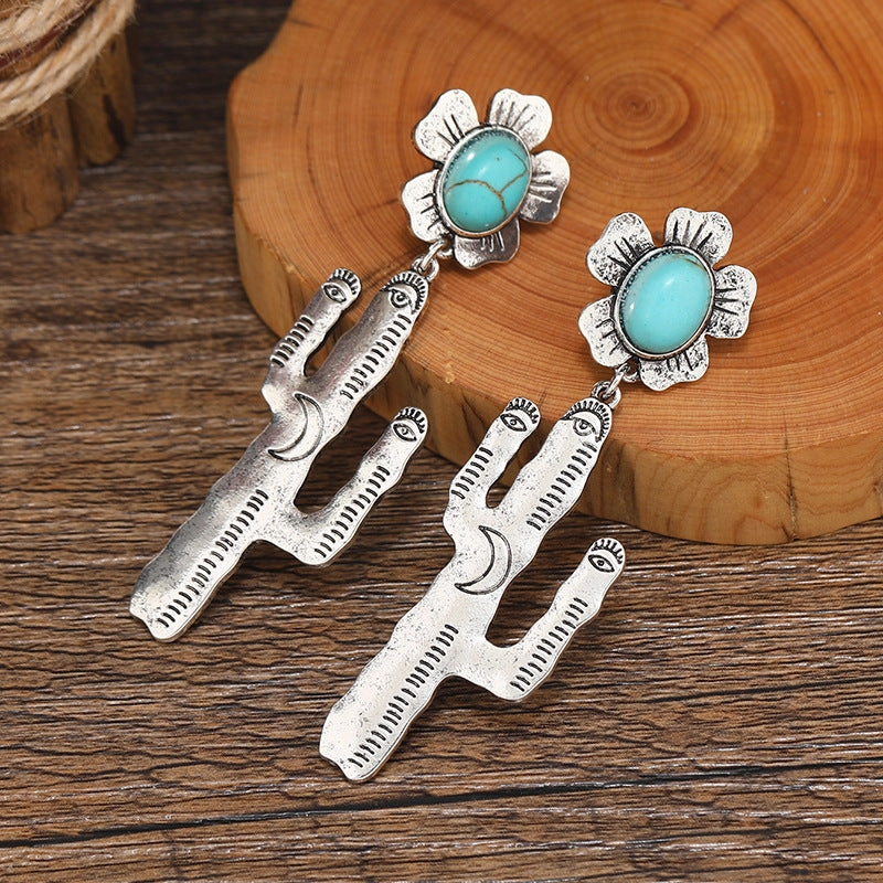 Wholesale Lotus Leaf Alloy Flower Desert Cactus Flower Turquoise Earrings