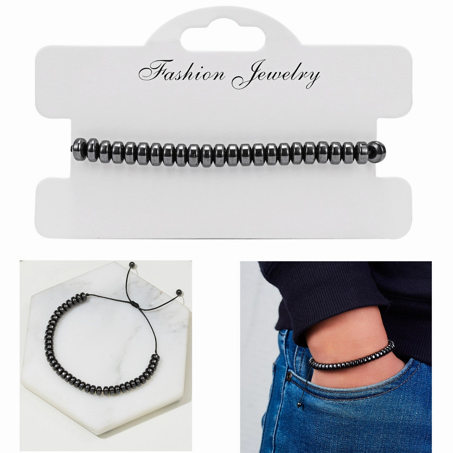 Wholesale Love flat bead black gallstone hand-woven adjustable bracelet