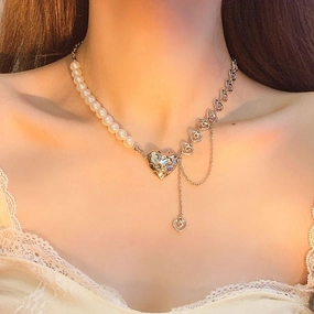 Wholesale Love Pearl Metal Splicing Necklace Sweater Chain