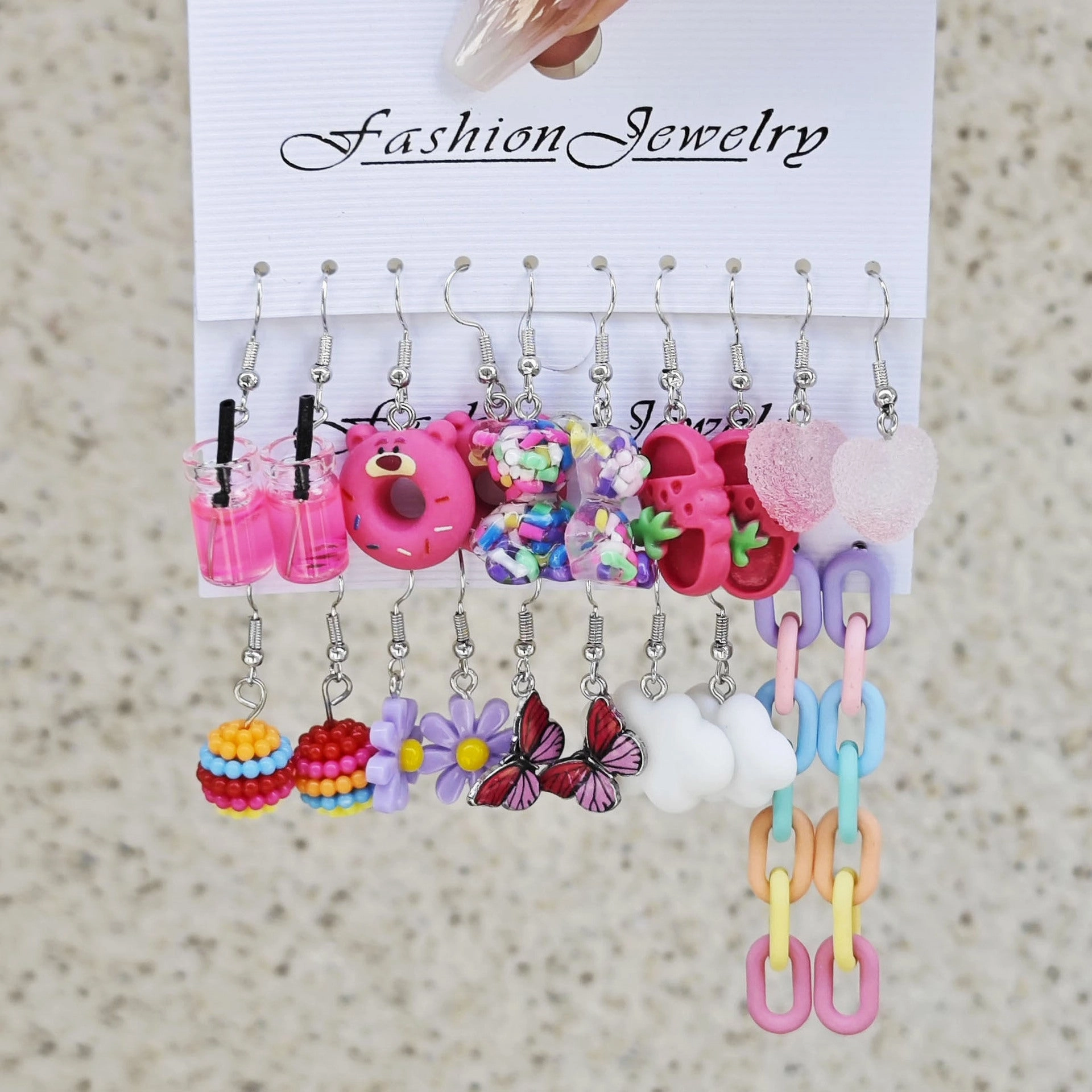 Wholesale Love Pink Bear Oil Drop Butterfly Acrylic Chain Earrings Set