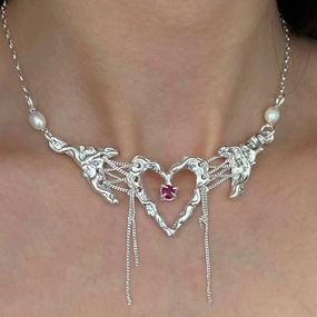 Wholesale Love Tassel Rhinestone Clavicle Chain Lava Liquid Metal Pleated Necklace