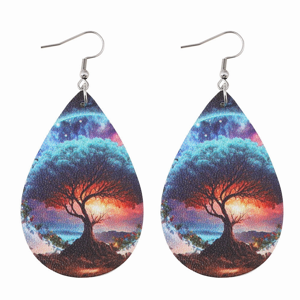 Wholesale Love Tree of Life Water Drop Earrings Double-sided Printed PU Leather Creative Earrings