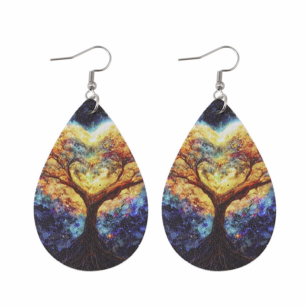 Wholesale Love Tree of Life Water Drop Earrings Double-sided Printed PU Leather Creative Earrings