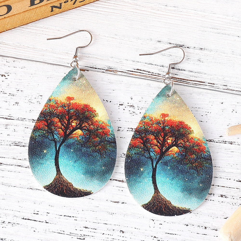 Wholesale Love Tree of Life Water Drop Earrings Double-sided Printed PU Leather Creative Earrings