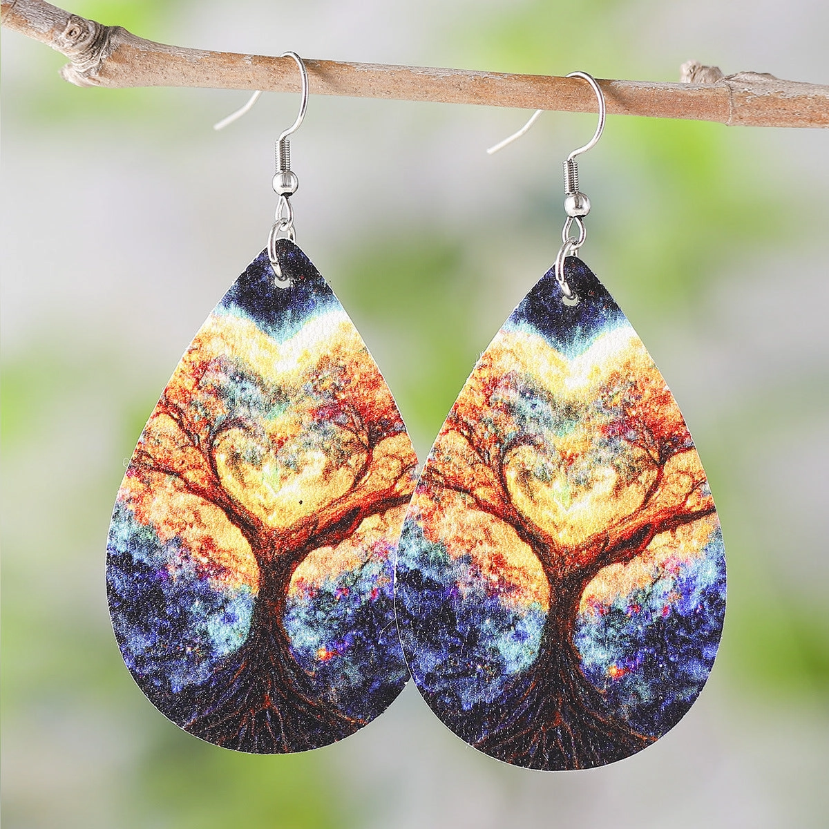 Wholesale Love Tree of Life Water Drop Earrings Double-sided Printed PU Leather Creative Earrings