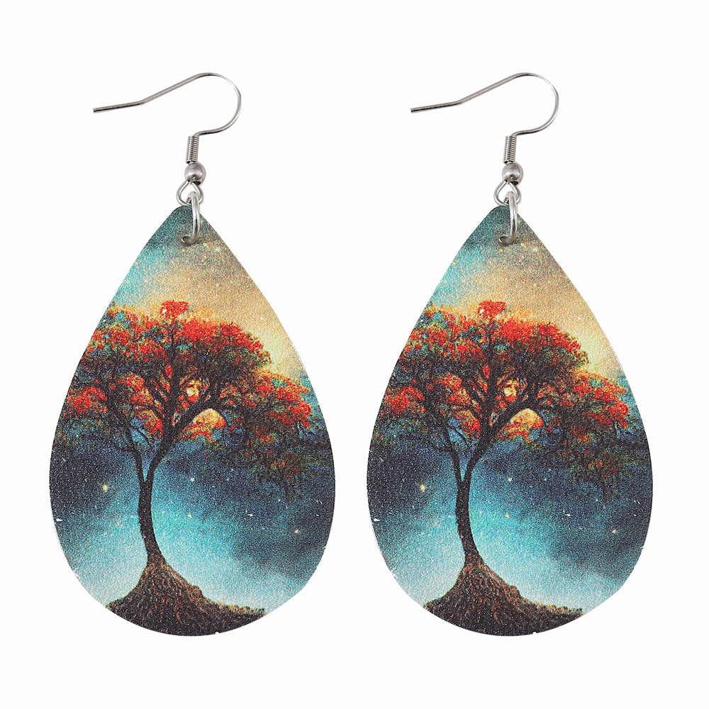 Wholesale Love Tree of Life Water Drop Earrings Double-sided Printed PU Leather Creative Earrings