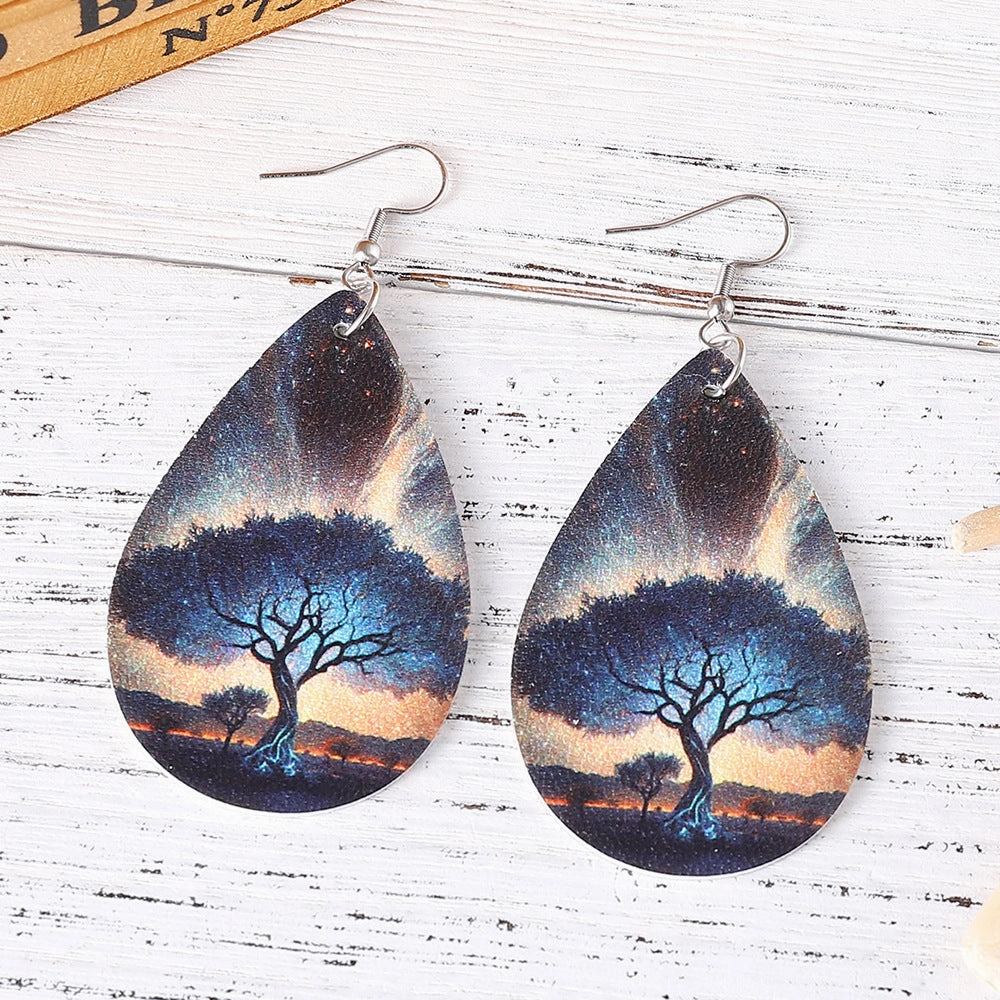 Wholesale Love Tree of Life Water Drop Earrings Double-sided Printed PU Leather Creative Earrings
