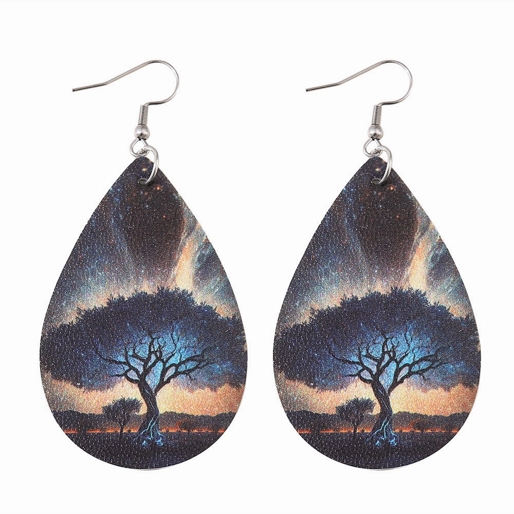 Wholesale Love Tree of Life Water Drop Earrings Double-sided Printed PU Leather Creative Earrings
