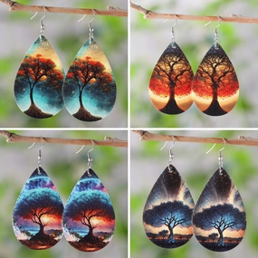 Wholesale Love Tree of Life Water Drop Earrings Double-sided Printed PU Leather Creative Earrings