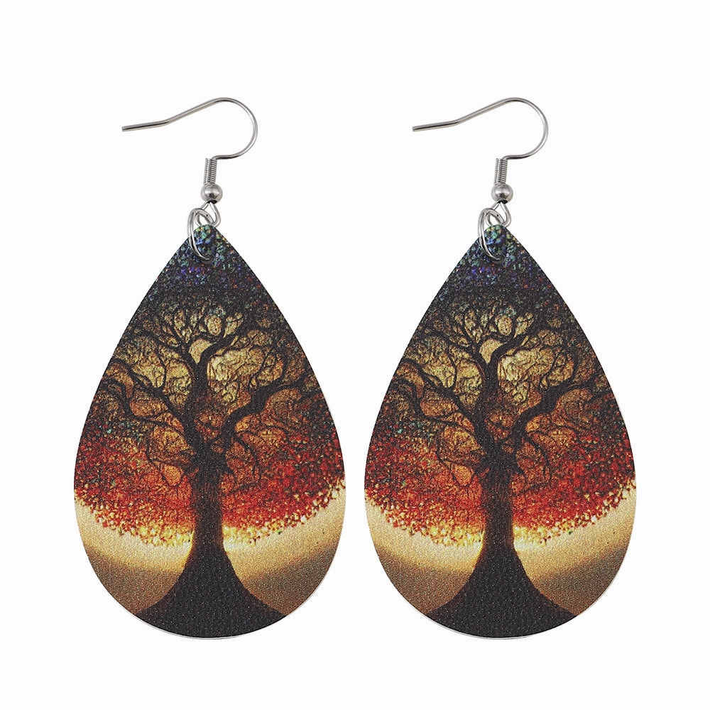 Wholesale Love Tree of Life Water Drop Earrings Double-sided Printed PU Leather Creative Earrings