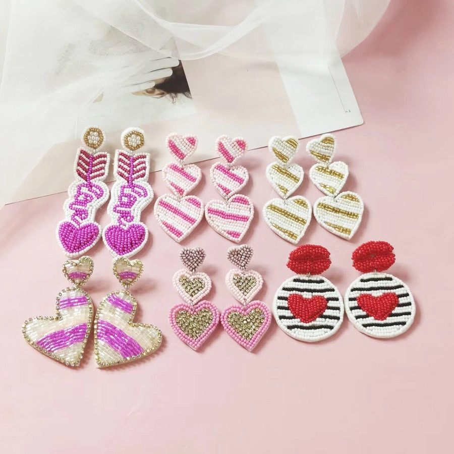 Wholesale Love Valentine's Day Fabric Diamond Handmade Rice Bead Earrings
