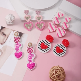 Wholesale Love Valentine's Day Fabric Diamond Handmade Rice Bead Earrings