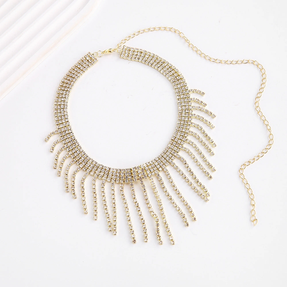 Wholesale Luxury Full Diamond Tassels Long Collarbone Rhinestones Necklace