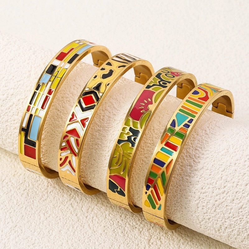 Wholesale Luxury Stainless Steel Enamel Drip Oil 18K Genuine Gold Plated Titanium Steel Bracelet