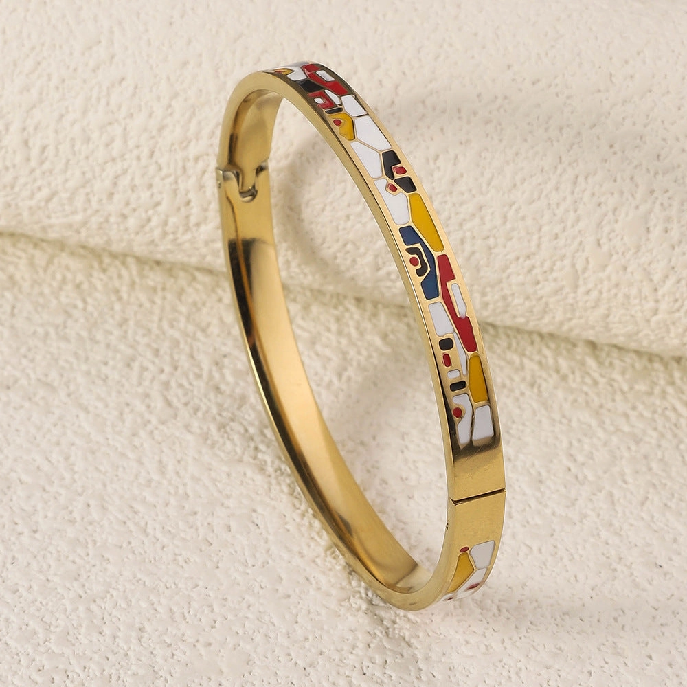Wholesale Luxury Stainless Steel Enamel Drip Oil 18K Genuine Gold Plated Titanium Steel Bracelet