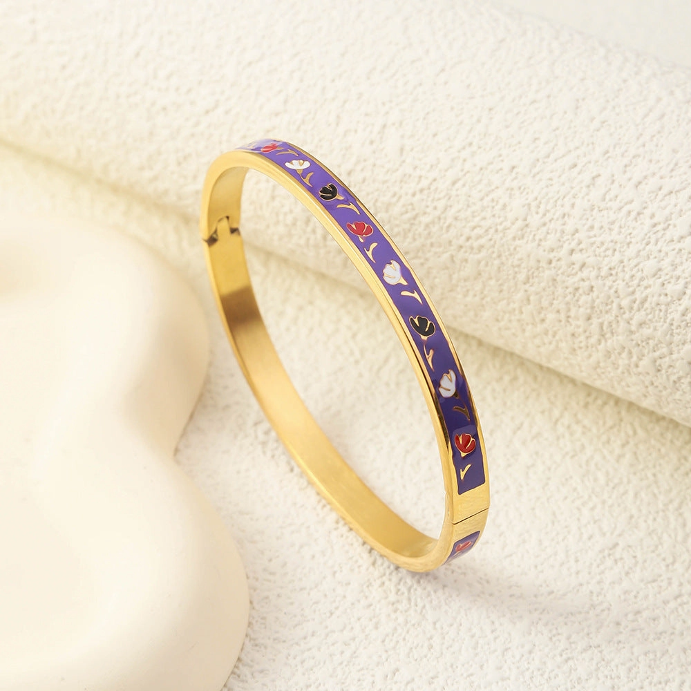 Wholesale Luxury Stainless Steel Enamel Drip Oil 18K Genuine Gold Plated Titanium Steel Bracelet