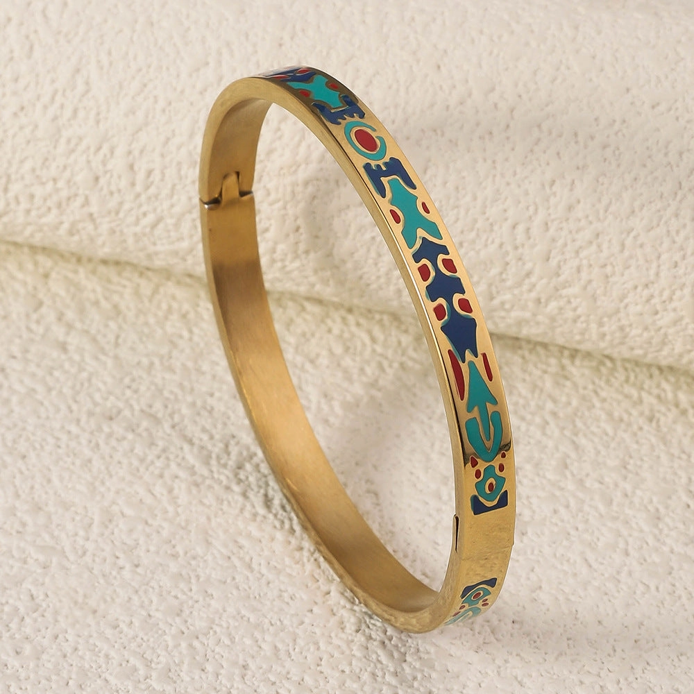 Wholesale Luxury Stainless Steel Enamel Drip Oil 18K Genuine Gold Plated Titanium Steel Bracelet
