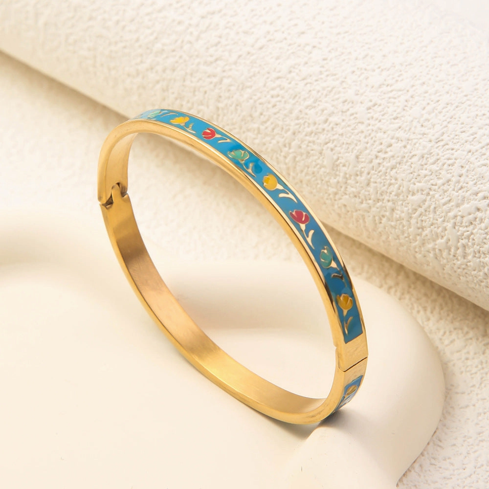Wholesale Luxury Stainless Steel Enamel Drip Oil 18K Genuine Gold Plated Titanium Steel Bracelet