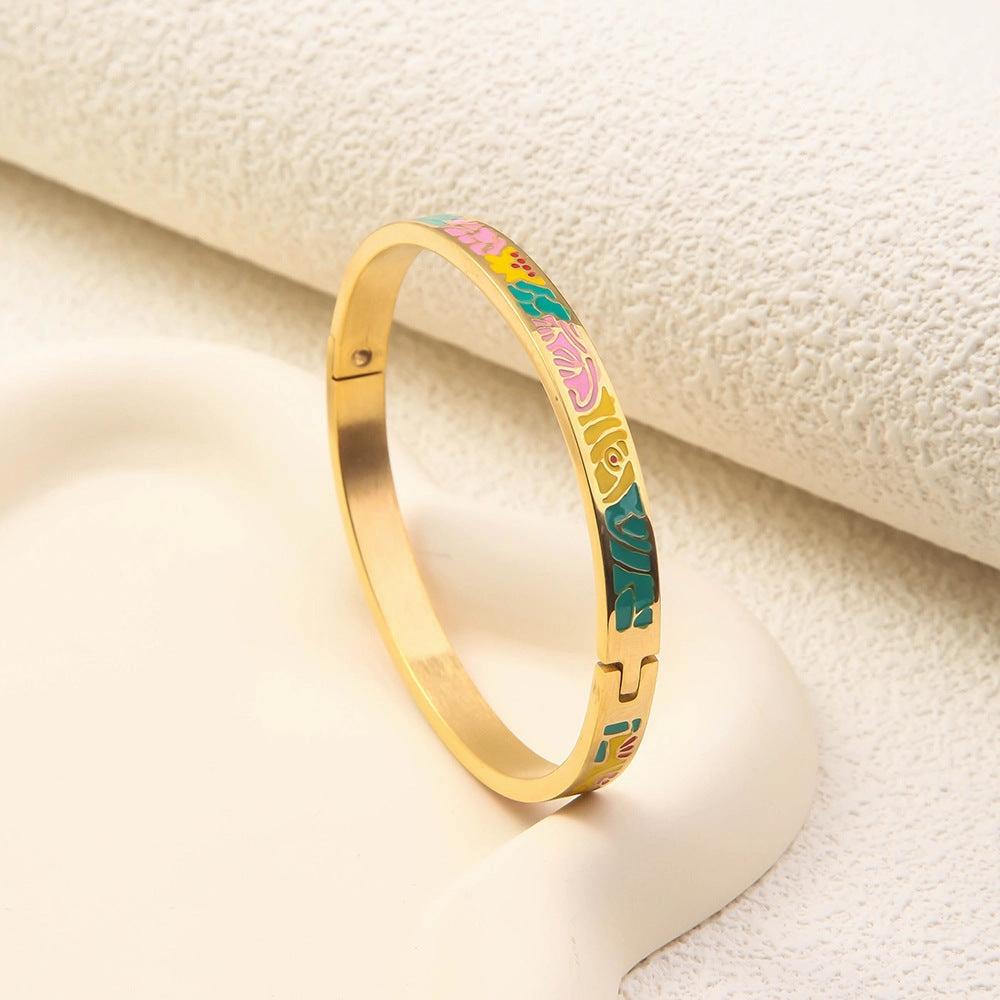 Wholesale Luxury Stainless Steel Enamel Drip Oil 18K Genuine Gold Plated Titanium Steel Bracelet