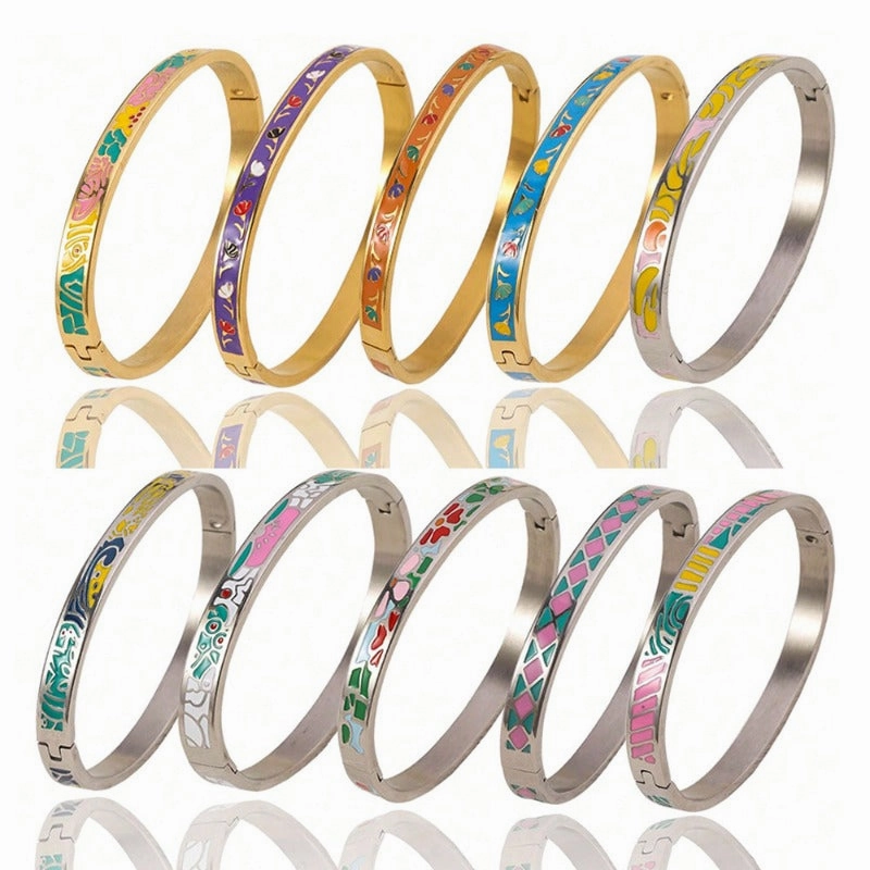 Wholesale Luxury Stainless Steel Enamel Drip Oil 18K Genuine Gold Plated Titanium Steel Bracelet