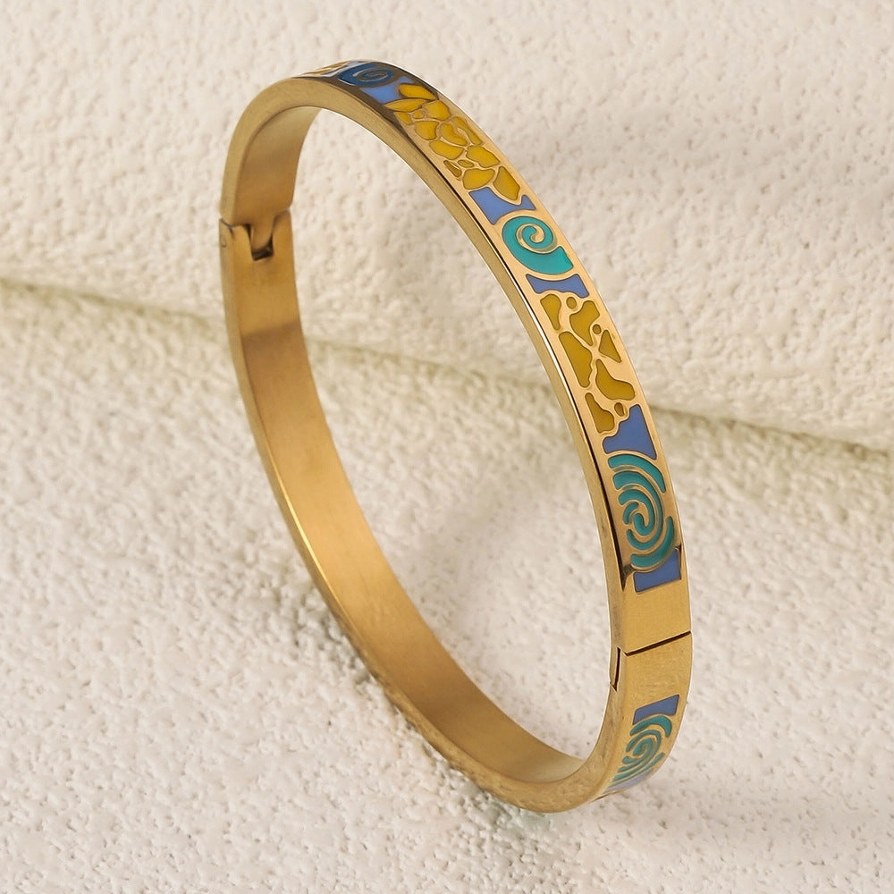 Wholesale Luxury Stainless Steel Enamel Drip Oil 18K Genuine Gold Plated Titanium Steel Bracelet