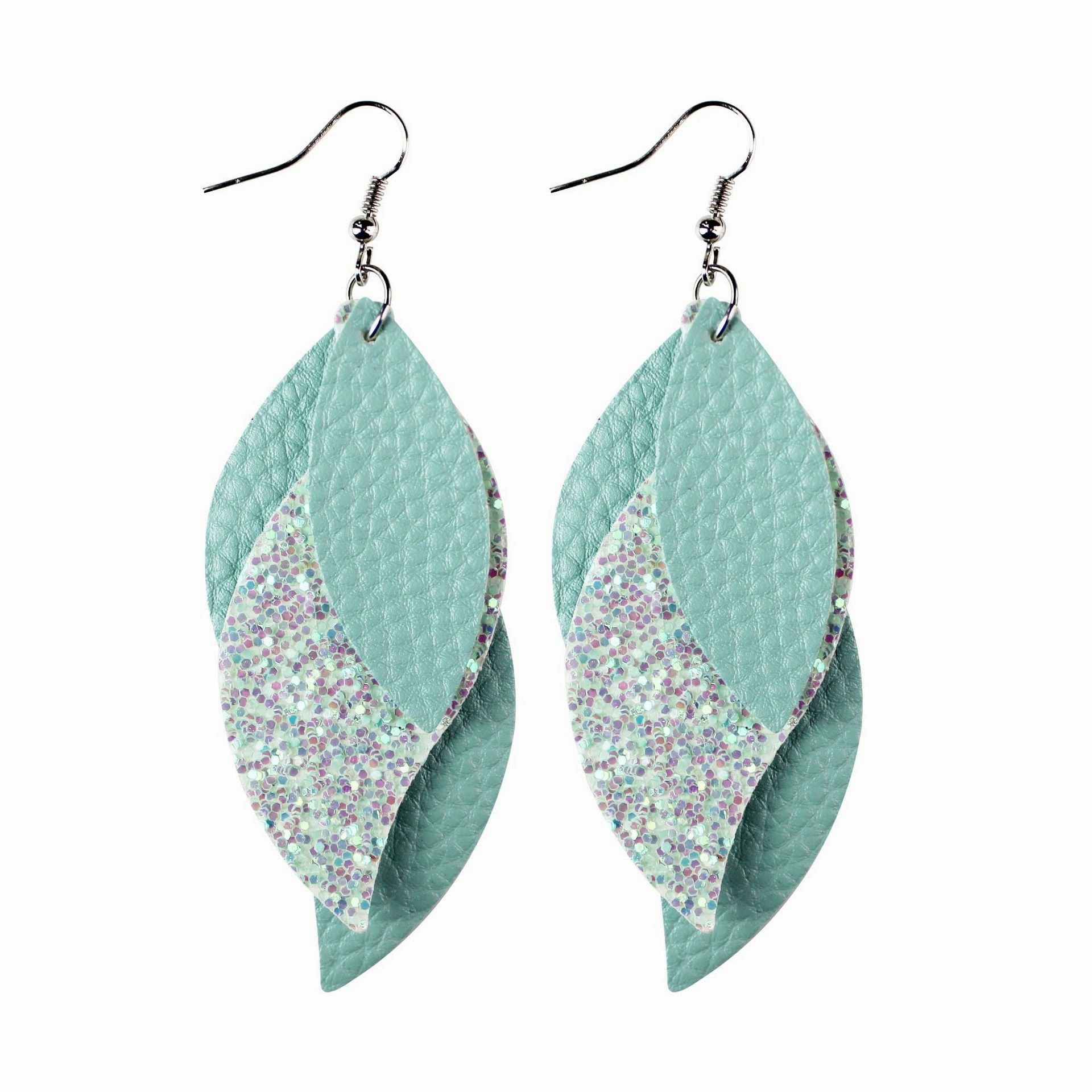 Wholesale Lychee Patterned Sequin Leaf Wave Shaped Three-layer Leather Earrings