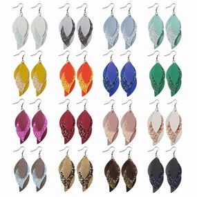 Wholesale Lychee Patterned Sequin Leaf Wave Shaped Three-layer Leather Earrings